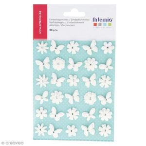 EMBELLISSEMENT Papillons et fleurs blancs à paillettes en papier 