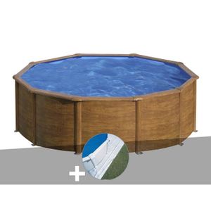PISCINE Kit piscine acier aspect bois Gré Pacific ronde 4,80 x 1,22 m + Tapis de sol 480,00 x 122,00 Bois