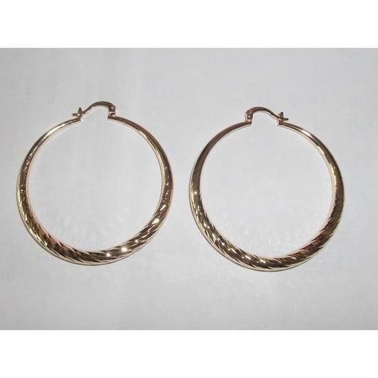 Boucles D'oreilles Créoles Joncs Ciselées Plaqué Or Jaune 750 - Bijouterie Papillon Bleu - Neuf