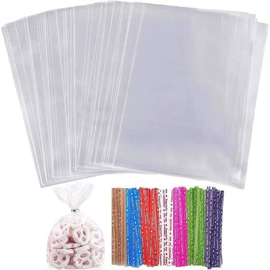 100 Sachets Transparents Pour Bonbons 25x13 Cm – Avec étiquettes Kraft, Liens Colorés Et Corde De Jute - 8