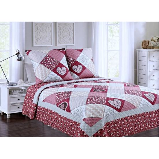 Chickwin Boutis Couvre-Lit Matelassé Fleurs Imprimé - Réversible Doux 220x240cm Roses Pourpres