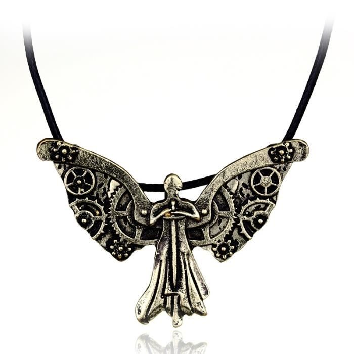 Bijoux Vintage Les Instruments Mortels Ville Des Os Collier Horloge Ange Pendentif Collier Femmes Hommes _Argent