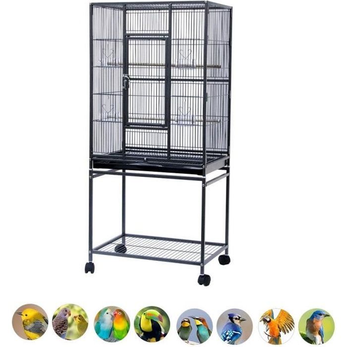 GMM® 61.5 x 43 x 137cm, Cage à Oiseaux pour Canari Calopsitte Perruche - Volière roulante Noir