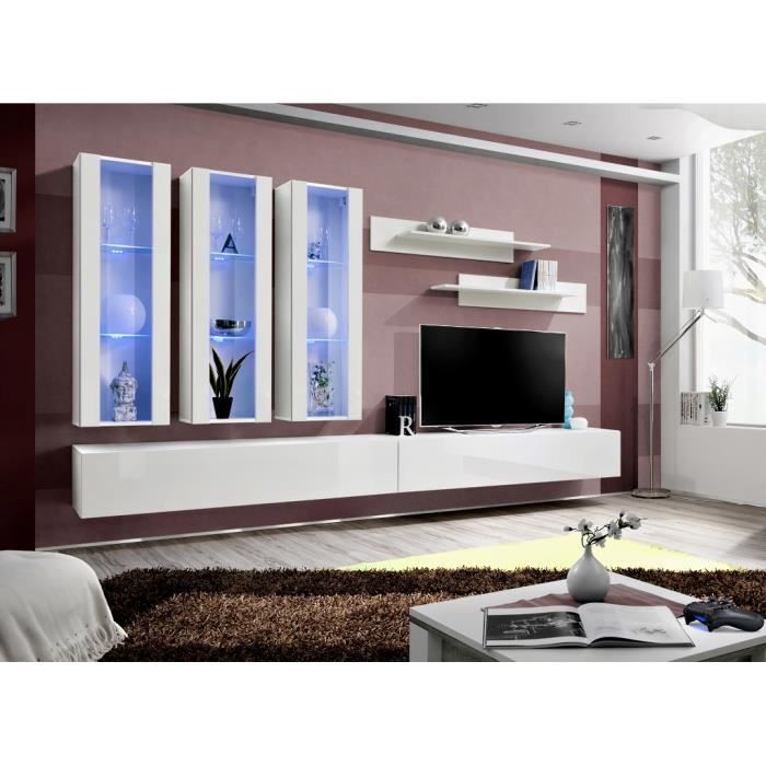 PRICE FACTORY - Meuble TV FLY E3 design, coloris blanc brillant. Meuble suspendu moderne et tendance pour votre salon.