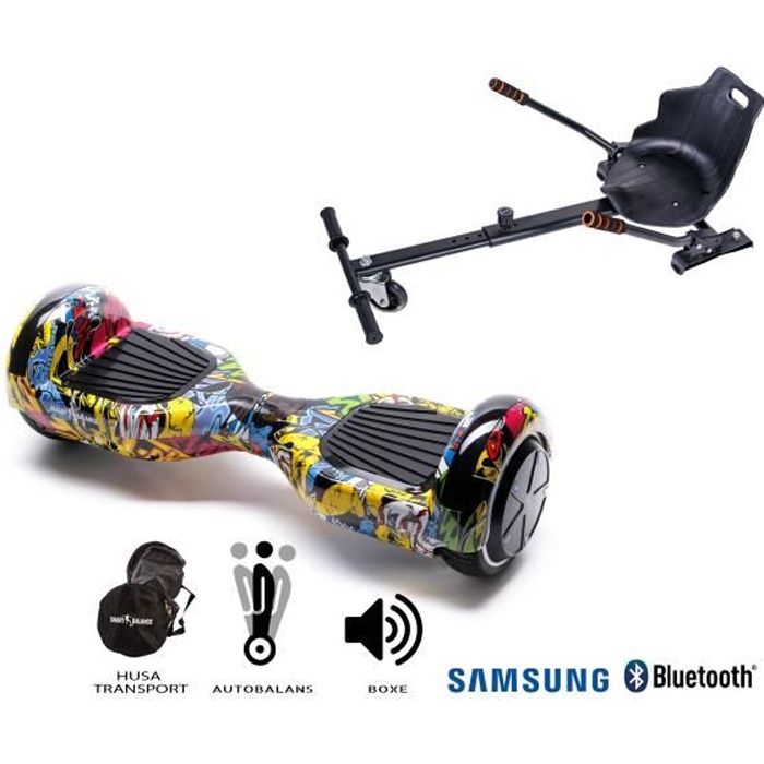 Paquet Hoverboard + Hoverseat Noir Smart Balance™ Premium Brand, Regular Hip-Hop, Roues 6.5 pouces, Bluetooth, batterie Samsung Cell