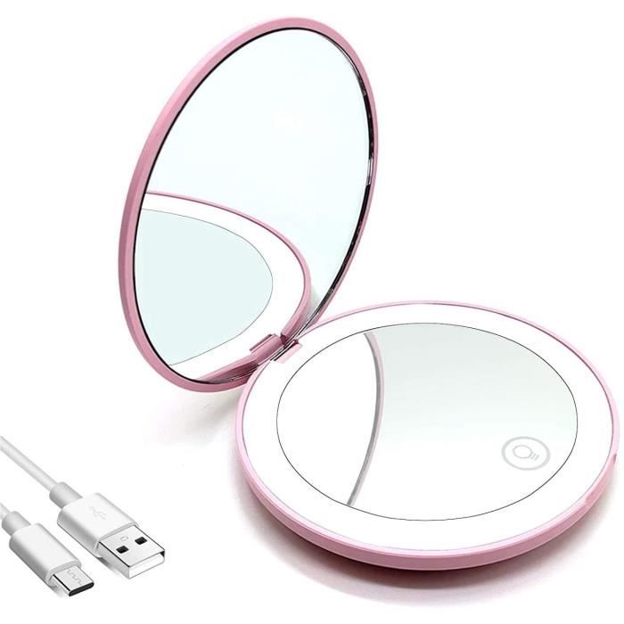 USB Quick Charge Miroir Lumineux de Poche,Pliable Miroir de Maquillage Lumineux LED Rechargeable Miroir Voyage Compact Double Visage