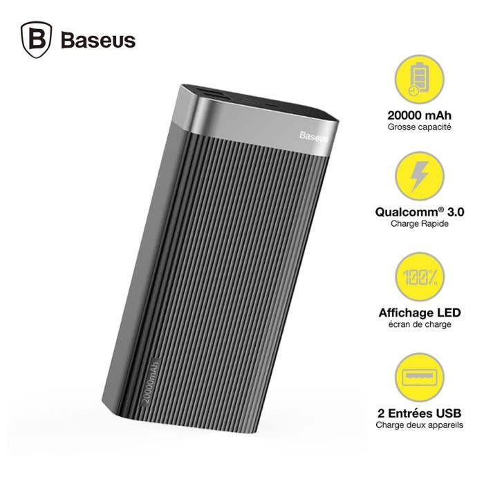 Baseus Powerbank 20000mAh [PPALL-APX01] Batterie de Secours Haute Capacité, Charge Rapide QC3.0, Design et Affichage Digital - Noir