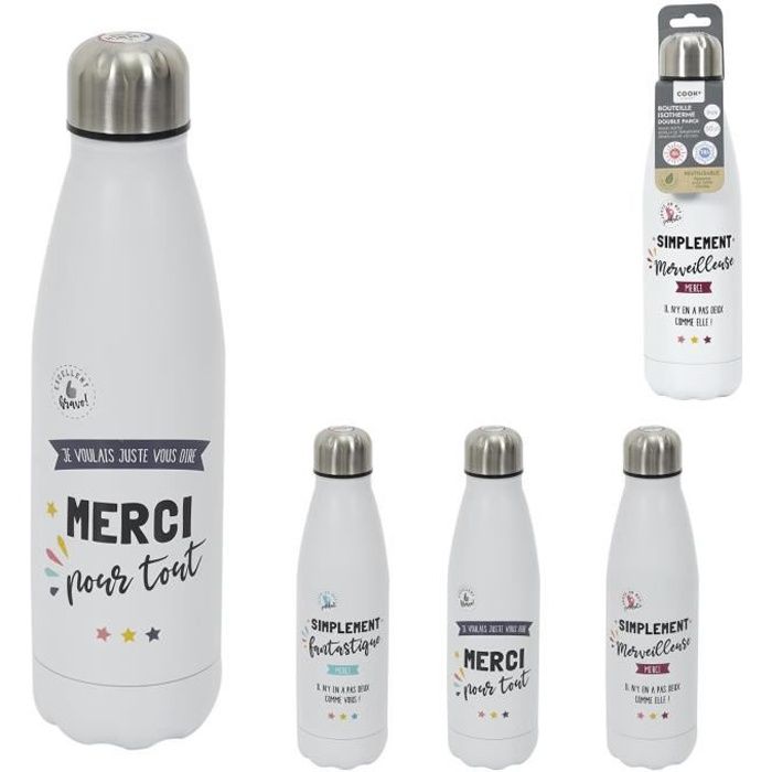 Bouteille de Transport Merci - Bouteille Isotherme - 50CL - Acier Inoxydable - 7 x 7 x 25.8cm