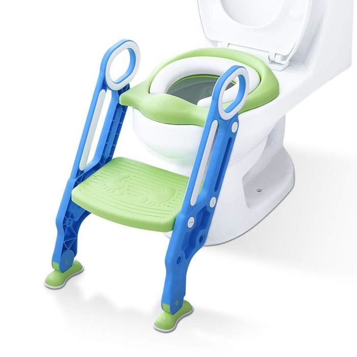 Siège de Toilette Enfant Pliable et Réglable, Reducteur de Toilette Bébé avec Marches,Lunette de Toilette Confortable (Bleu et Vert)