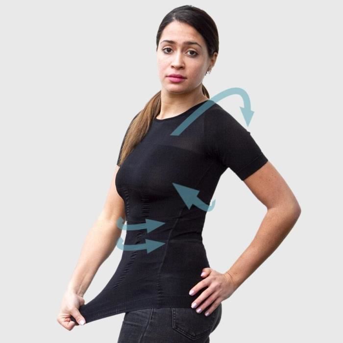 T-shirt Noir Femme Manches Courtes - Correcteur de Posture - Compression 360° - Anti-Mal de Dos - Maillot de Corps Sport Fitness