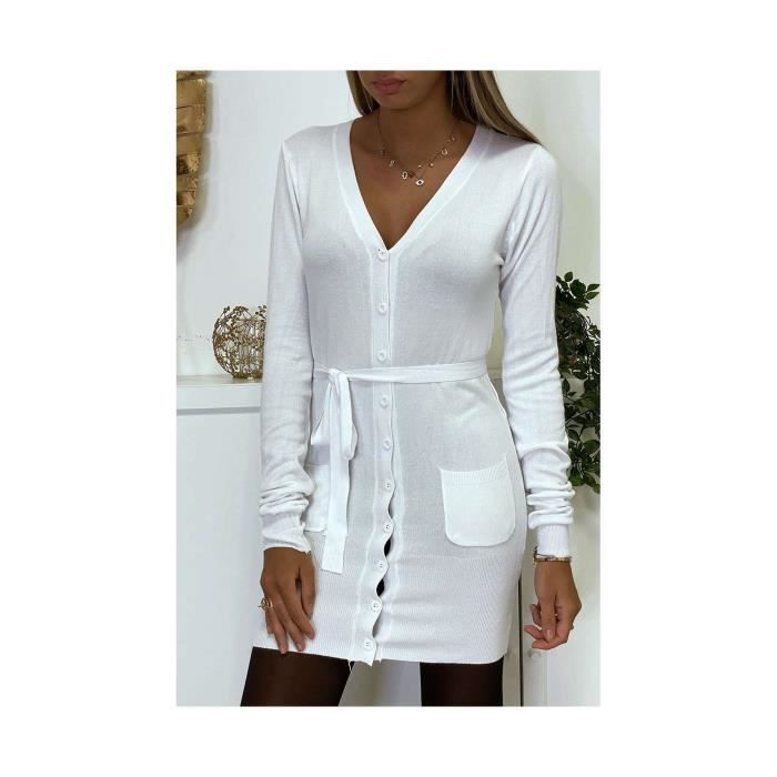 Miss Wear Line - Long gilet blanc en maille tricot très doux et extensible (L-3-2-19746-blanc-821)