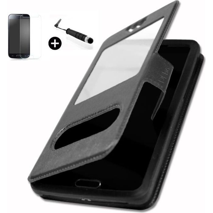 Thomson Serea 405 super PACK Etui fenêtres noir PU + mini stylet + verre trempé Dureté 9H, Ultra-mince 0.20 mm