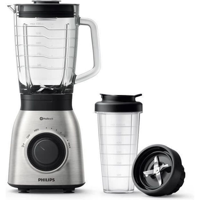 PHILLIPS HR3556/00 Blender Viva Collection 900W - Bol en Verre 2 L - Inox + Gourde