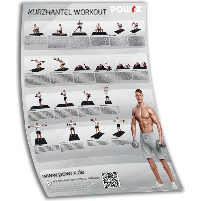 Affiche de formation DIN A1 Affiche d'exercice Haltère avec les 20 meilleurs exercices d'haltère Couleur: Gris