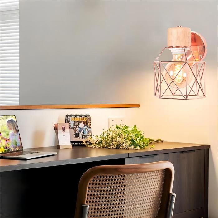 WOTTES 1pcs Applique industrielle en bois - Lampe Design Cage Ø14cm - Or rose Pour Chambre Salon Restaurant