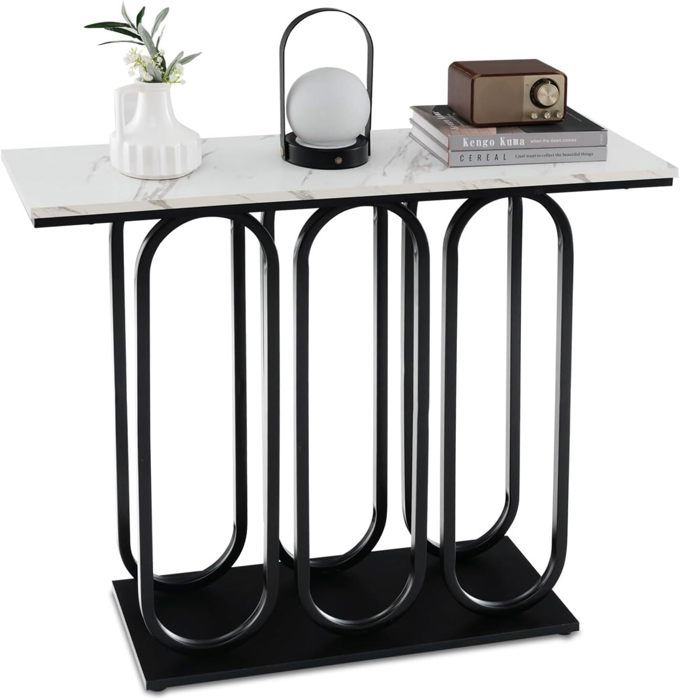 giantex console meuble entrée à 2 etages-effet marbre-100x 30x 80 cm-table console scandinave pour salon- cadre en métal noir