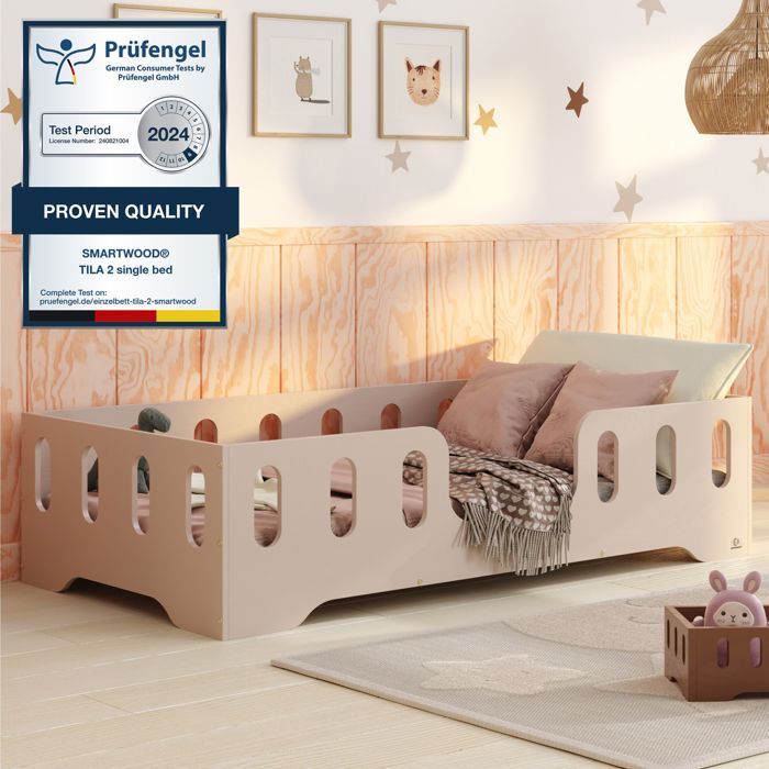 Lit au Sol Enfant avec Barriere - 90x180 en Bois TILA 2 - Couleur Cachemire - Sommier - Montage Rapide - Charge Max 230 kg
