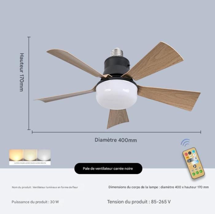 Ventilateur de plafond à pales carrées en bois avec douille à vis E27 silencieux 30 W - Noir - Nobrand