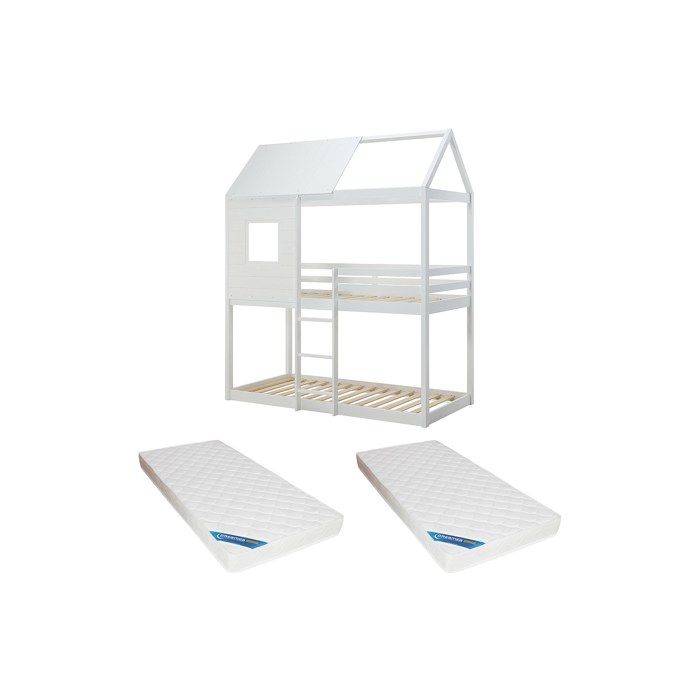 Lits superposés cabane 2 x 90 x 190 cm - Pin et MDF - Blanc + Matelas - LIDOVARA