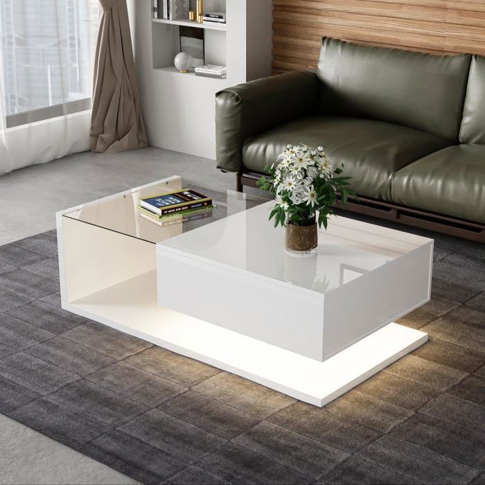 LEMONBEST Table basse blanche brillante LED 16 couleurs 105×55×325 cm en verre trempé avec rangement