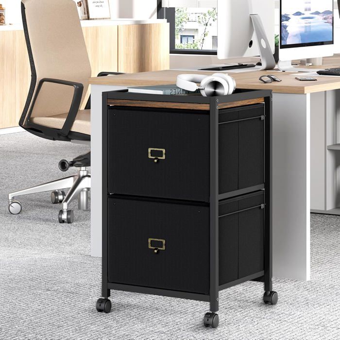 DESSERTE DE BUREAU - HOERFURIY - Caisson Tiroir Mobile - Métal Noir - 2 Tiroirs - 40x40x67 cm