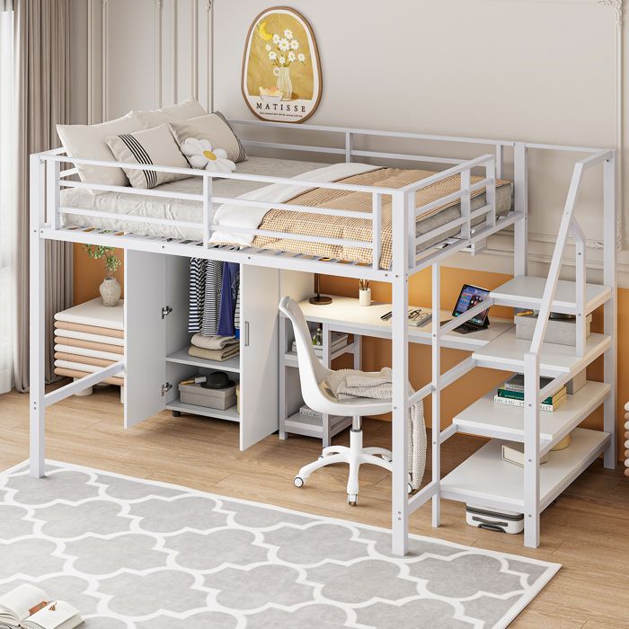 Lit Mezzanine 140x200 cm Blanc avec Bureau Intégré Armoire Étagères et Échelle de Rangement Lit Enfant Fonctionnel (Sans Matelas) Lit Mezzanine 140x200 cm Blanc avec Bureau Intégré Armoire Étagères et Échelle de Rangement Lit Enfant Fonctionnel (Sans Matelas)