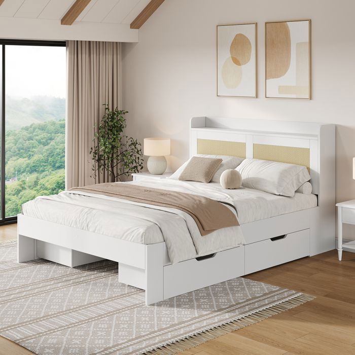 Lit coffre-SEYAKANY-140 x 200cm-lit double avec décor en rotin tiroirs avec espace de rangement-blanc