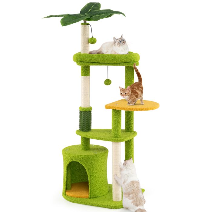 Comparer les prix de Arbre à Chat Multi-Niveaux COSTWAY Feuille Artificielle Condo Perchoir Poteaux à Griffer en Sisal Auto-brosse pour Chat Balle