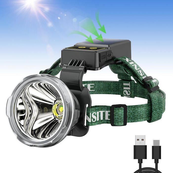 Lampe Frontale Solaire TISHOW – Rechargeable USB, Capteur Gestuel, Zoom, 3 Modes, étanche IPX5 – Pour Camping, Vélo, Pêche