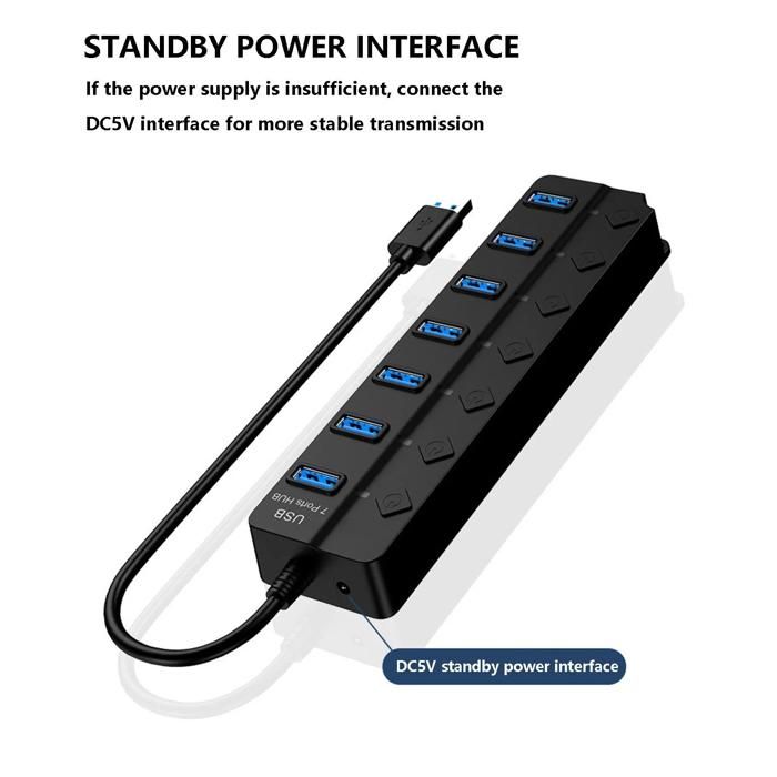 2 Hubs USB 4 Ou 7 Ports Avec Interrupteurs Indépendants – USB 3.0 (5 Gbps), Anti-dérapant, Pour Bureau, Voyage, Gaming - 12