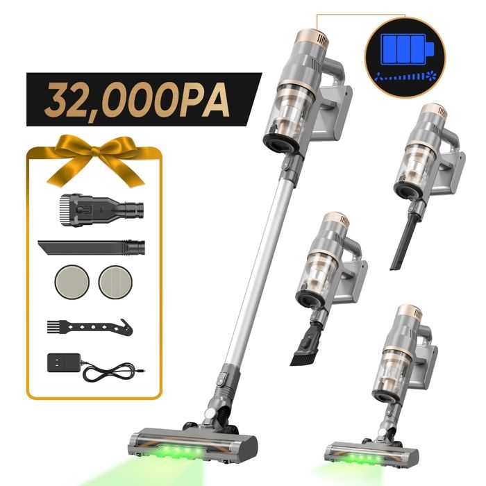 Aspirateur Balai Sans Fil LAMZIEN V12PRO - 32kPa - 40 min d’autonomie - Anti-Enchevêtrement - Lumière LED Verte - Autoportant