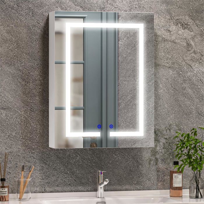 Armoire Miroir Salle de Bain 66 x 50 cm avec Lampe LED Commande Tactile 3 Couleurs Dimmable Rangement Mural Salle de Bain