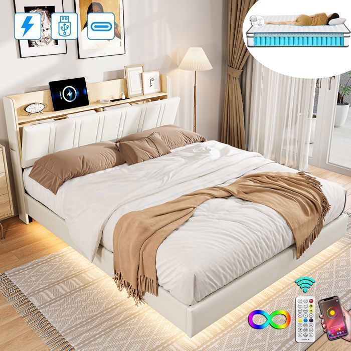 Lit double 140x200 cm - LUMINARIX - Matelas inclus - Éclairage LED - Ports USB et USB-C - Rangement intégré