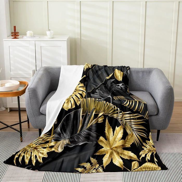 Couverture Polaire 130x150cm Plantes Tropicales Plaid Polaire Or Noir FlanelleCouvertures et Plaids Doux et Chaud for Canape Lit