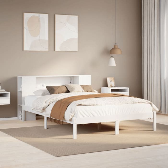 Lit bibliothèque en bois de pin - UU - 140x190 cm - Blanc - Bois massif - Sommier à lattes - Tête de lit avec rangement