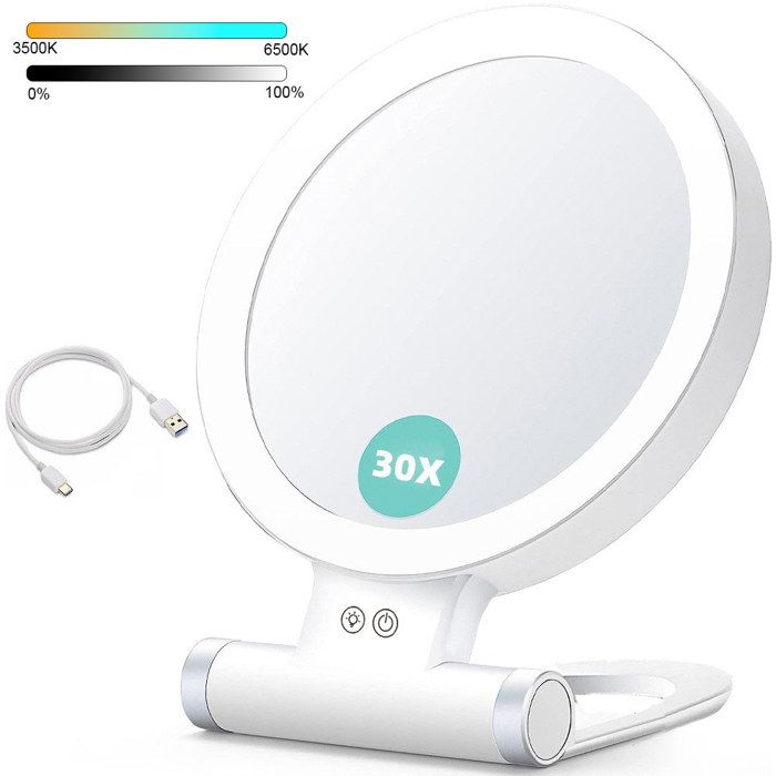 Miroir Maquillage - QUBEBU - 1x/30x - LED 3 couleurs - Recharge USB-C - Pliable et portable