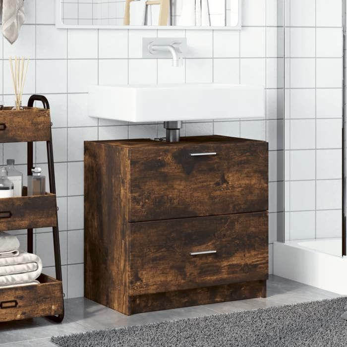 (Vente chaude) Meuble dévier CLARENCE Cabinet Sous vasque Cabinet de toilette， chêne fumé 59x37x59 cm bois dingénierie - M542127