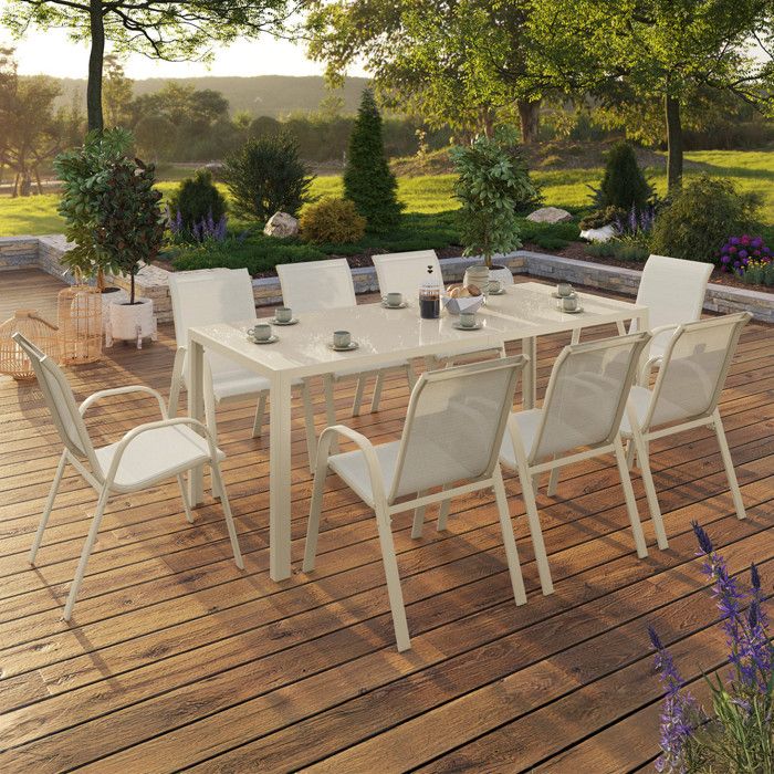 ID MARKET Ensemble table 150 cm fixe et 8 chaises chaises NOUMEA noir et bois empilable ID MARKET Ensemble table 150 cm fixe et 8 chaises chaises NOUMEA noir et bois empilable