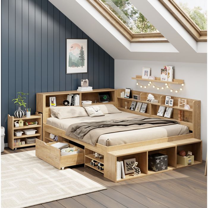 Lit banquette adulte 140x200cm. avec table de chevet. 1 tiroir. port USB. contreplaqué. sans matelas. naturelle