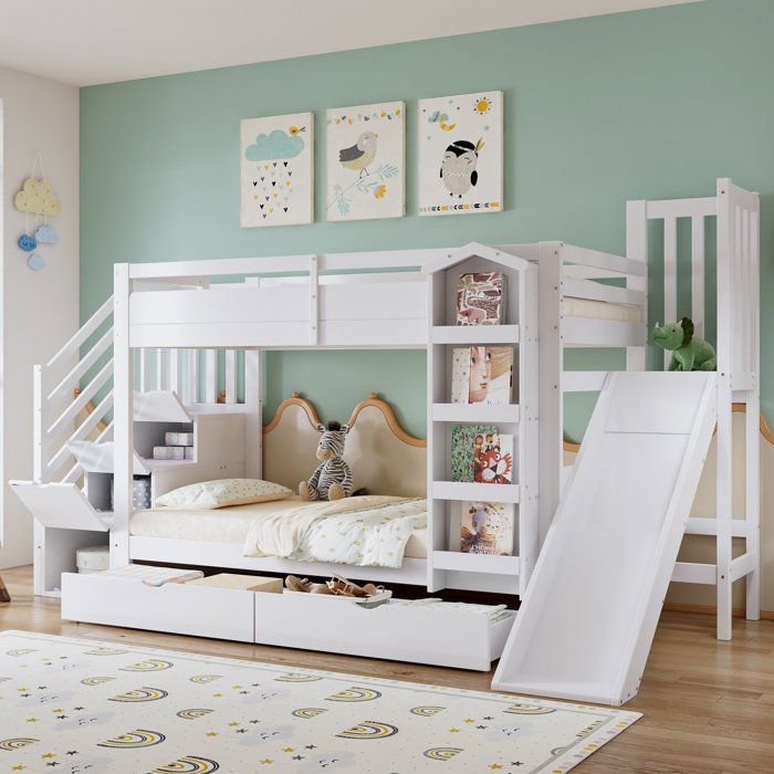 Lit superposé enfant 90x200 cm - lit double avec toboggan escalier de rangement 2 tiroirs - lit en bois blanc - Luonians