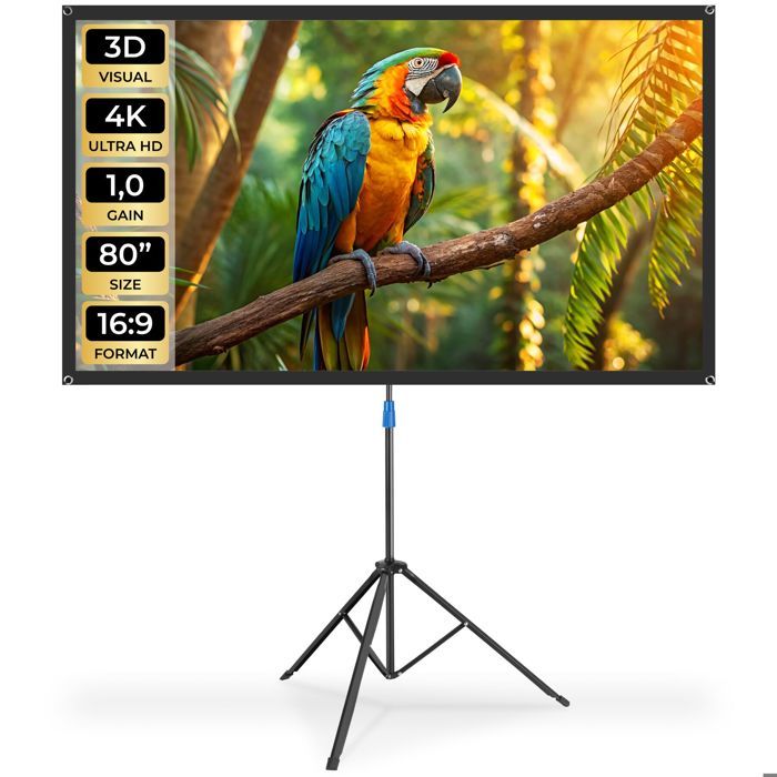 TECTAKE - Écran de projection portable 80 avec trépied 16:9 4K/HD angle 160° - blanc
