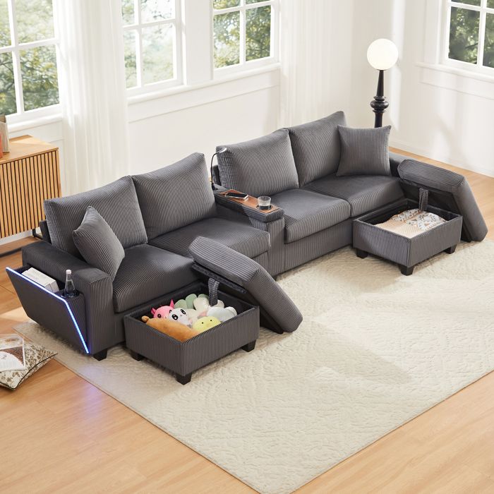 Canapé modulable 6 places avec rangement et ports USB Type-C en velours côtelé gris