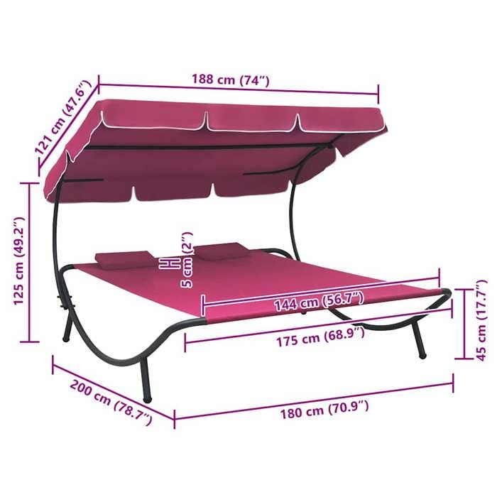 Lit de repos dextérieur pour terrasse - Magnifique - Bain de Soleil simple - avec auvent et oreillers rose 193201