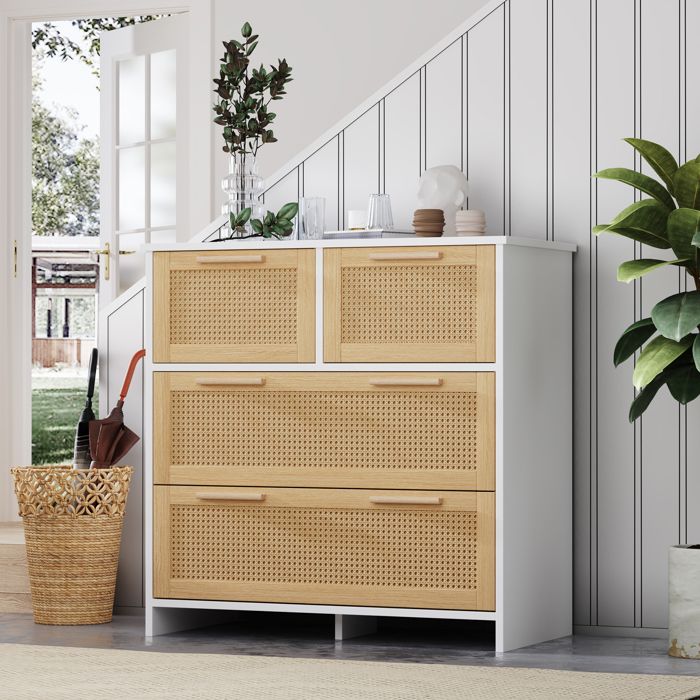 Commode 4 tiroirs en rotin naturel avec poignées en bois - TCQPZ - rangement chambre blanc 80 x 80 x 38 cm