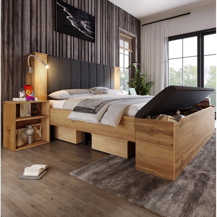 Lit double 180×200 cm avec tête de lit rabattable lampes de lecture USB rangements et banc - BEAUNIV - sans matelas chêne