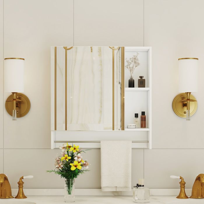 Armoire de salle de bain murale avec miroir et étagères ouvertes design moderne gain de place métal blanc