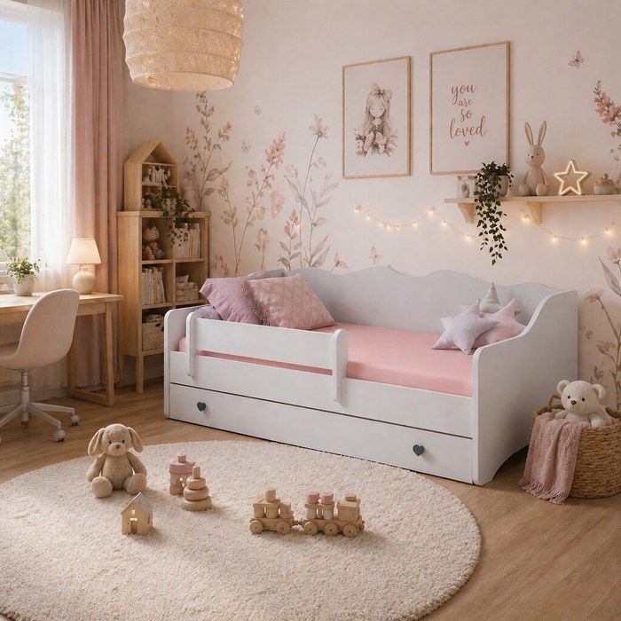 Lit enfant EMMA WHITE avec barrière et tiroir 160x80 – avec matelas