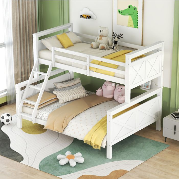 Lit superposé 90×200 et 140×200 cm avec échelle inclinée et garde-corps sans matelas blanc - UVRION