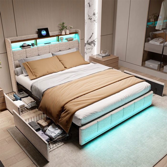 Lit Double 160x200cm - Lit Adulte 160x200cm avec 4 Tiroirs&LED et Prises USB/Type-C - Sans matelas - Beige