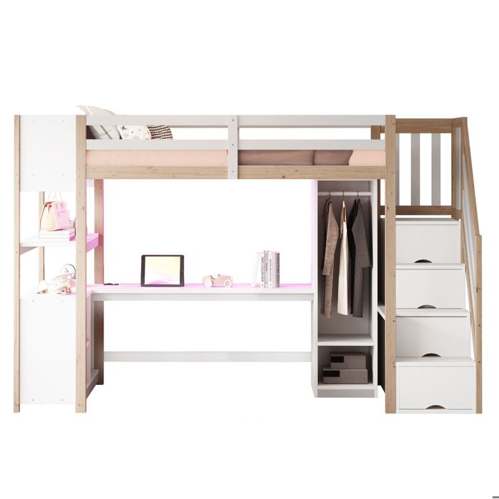 Ensemble meuble lit 90 × 200 cm avec armoire bureau spacieux escalier à rangement et LED